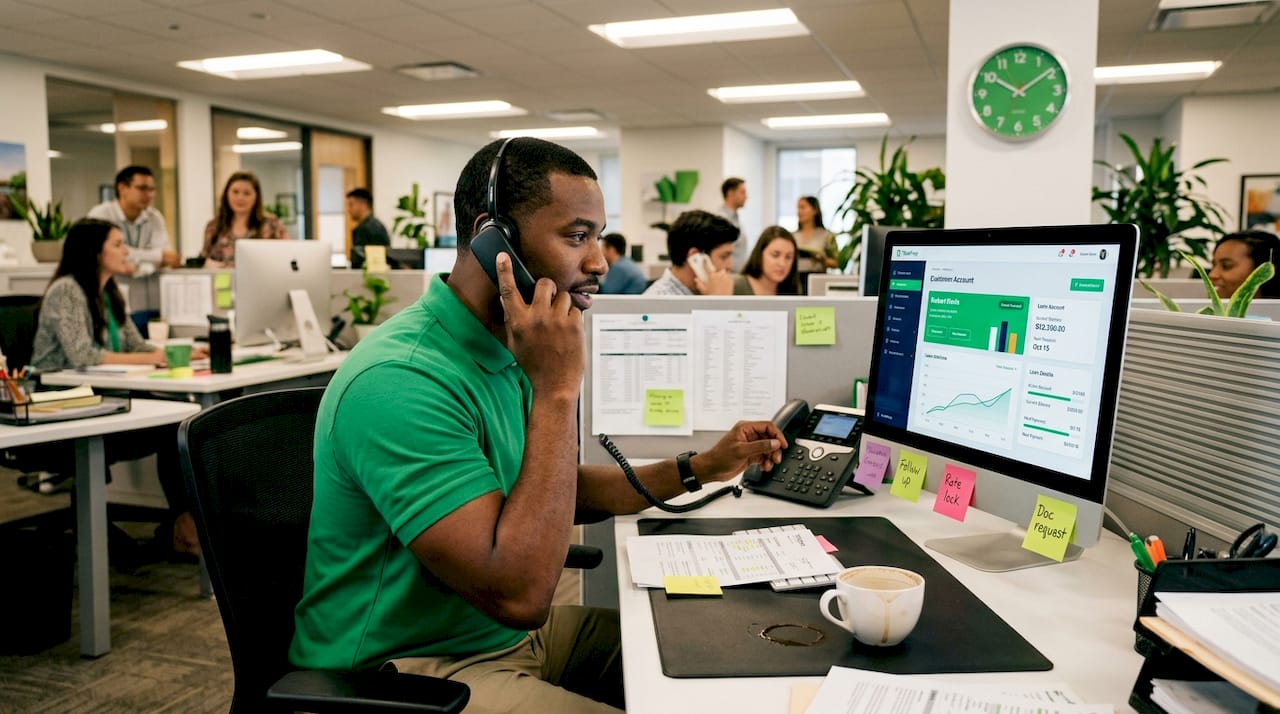 Loan servicer assisting client via phone