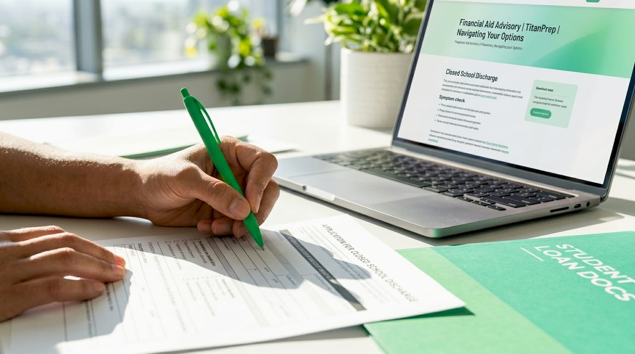 Hands completing student loan discharge application form