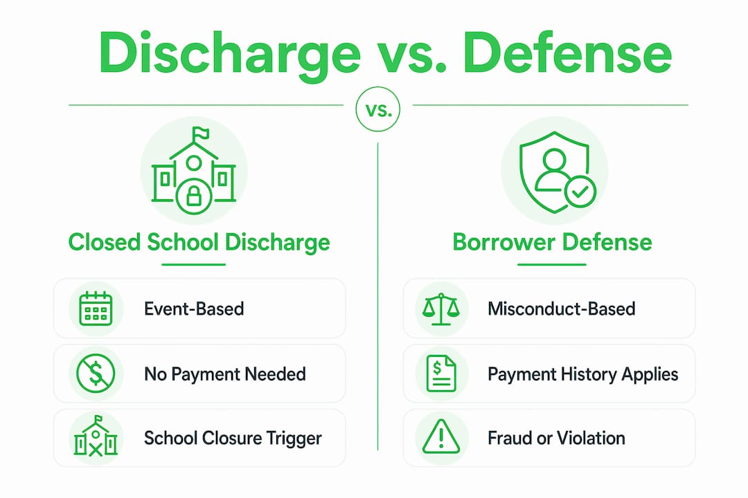Infographic comparing closed school discharge and borrower defense programs