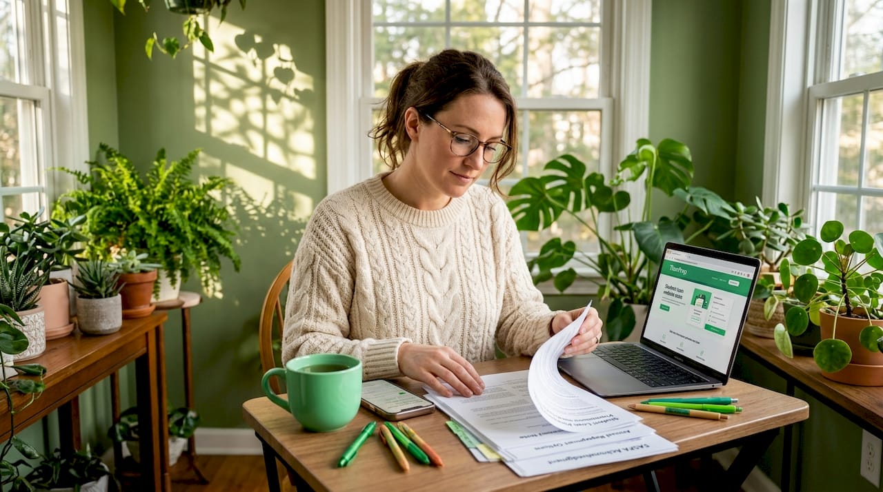 Person reviewing student loan documents at home desk