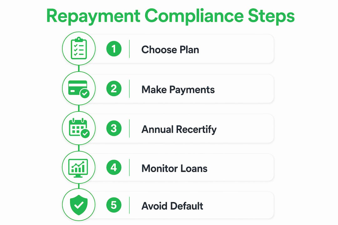 Infographic showing student loan repayment compliance steps