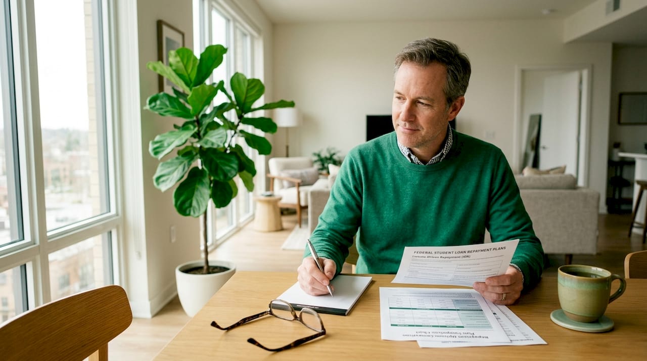 Man reviewing federal loan repayment documents