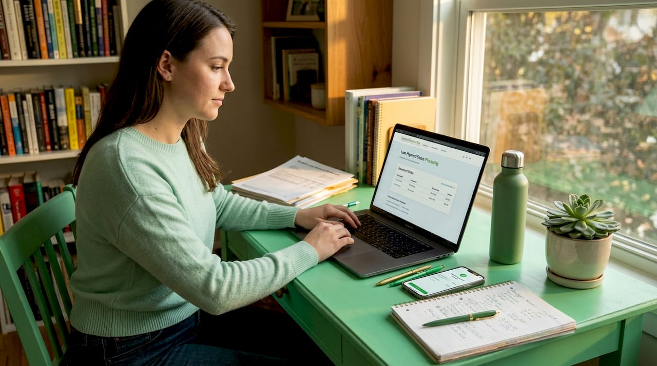 Woman checking student loan payment at home