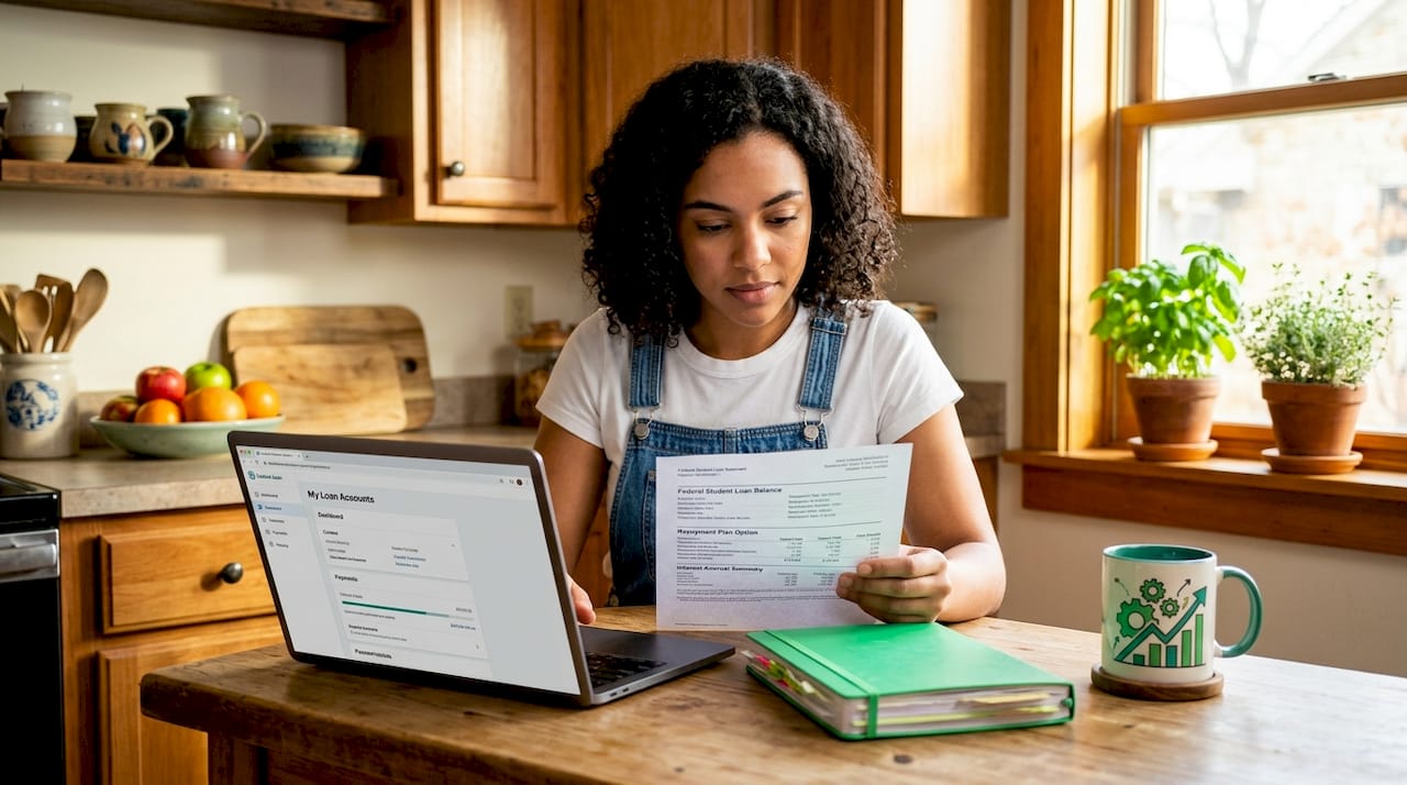Student reviewing student loan documents at kitchen table