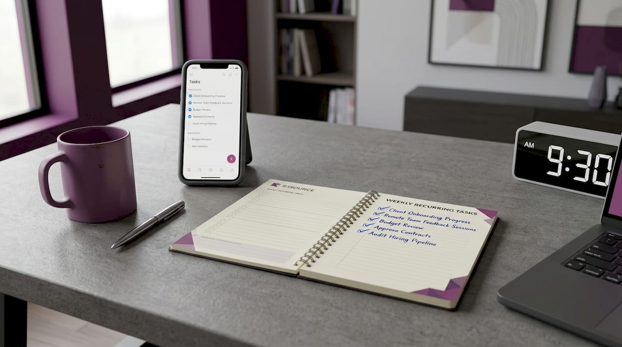 Desk with workload audit task list and planner