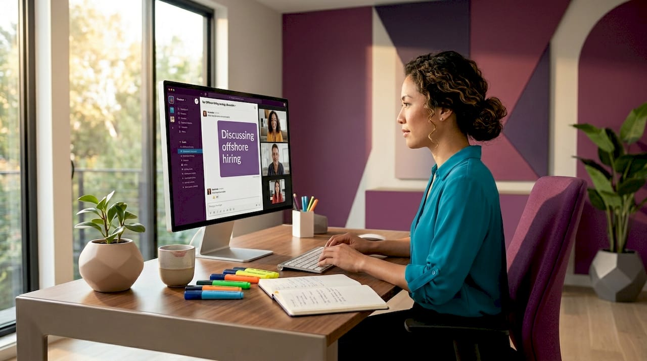 Professional woman video calling offshore candidates