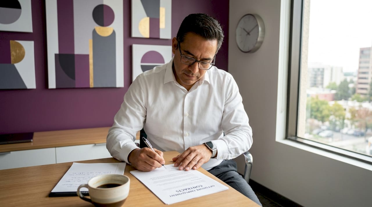 Manager reviewing direct hire offshore contracts