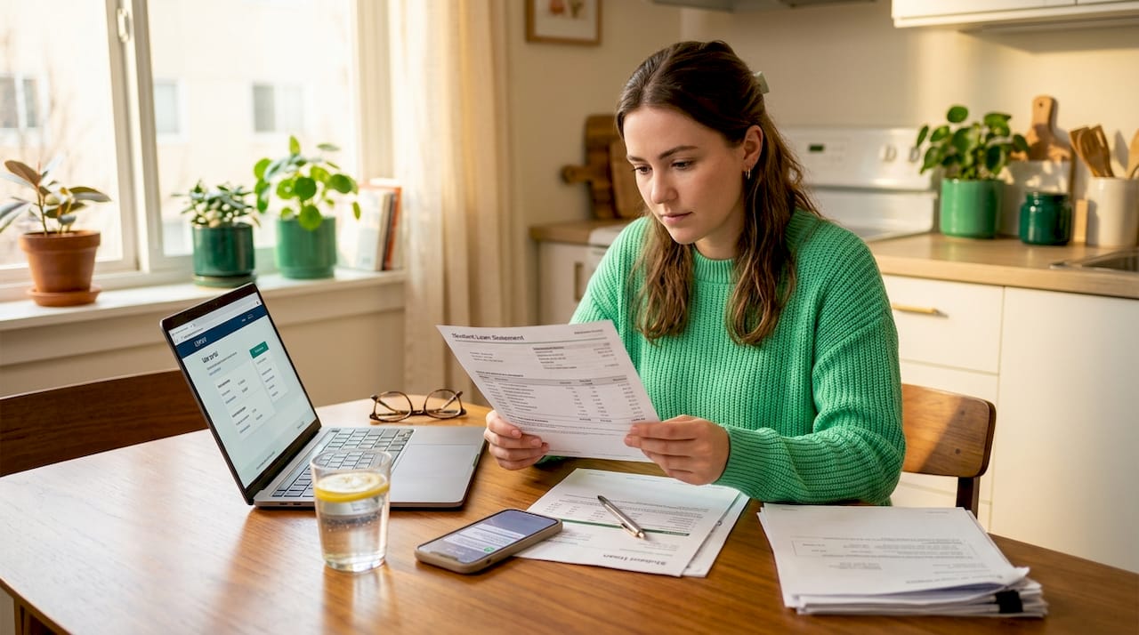 Woman reading her student loan statement at home