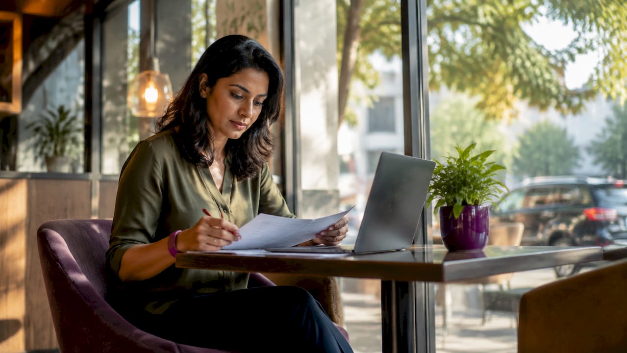 Woman reviewing remote team productivity reports