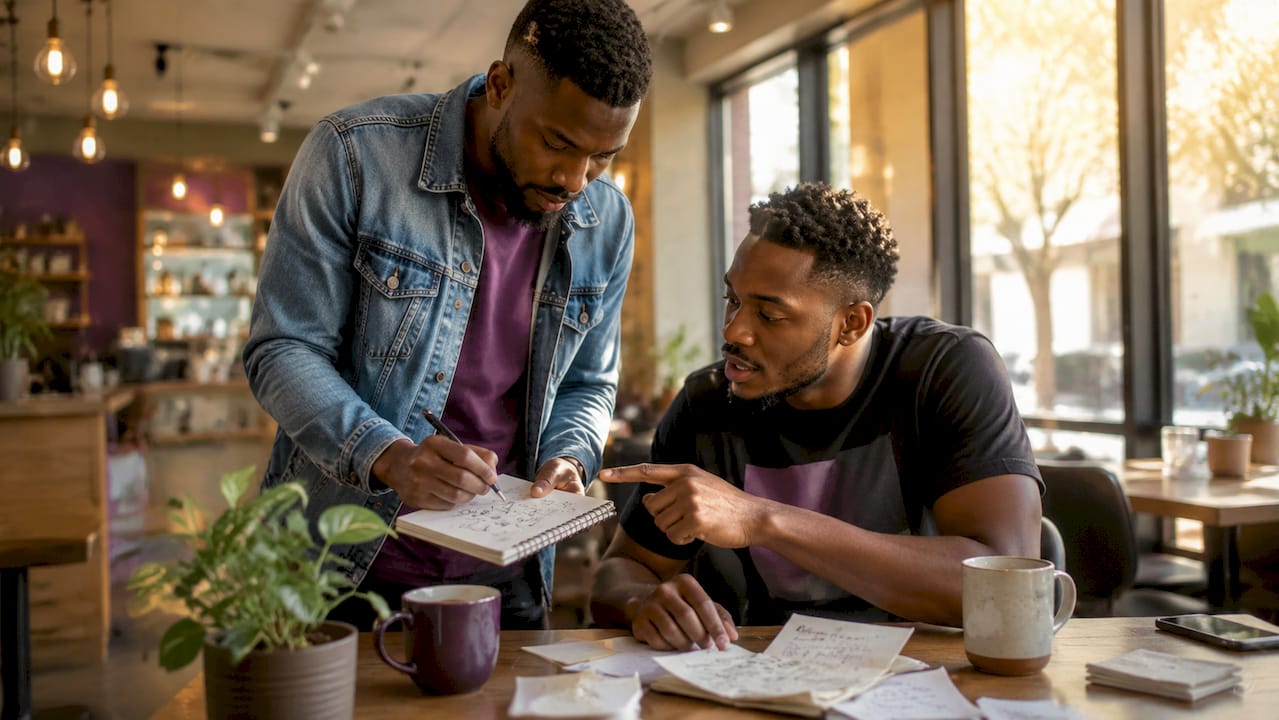 Two men collaborating in bright office space