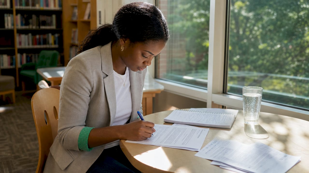 Woman completing PSLF application form at desk