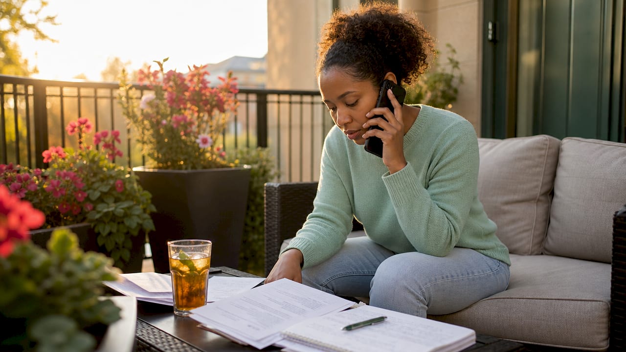 Woman calling student loan servicer at home