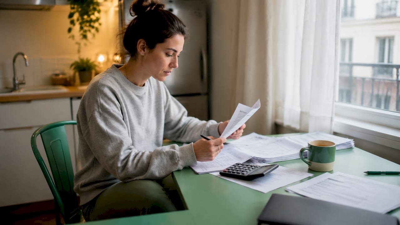 Young woman reviewing student loan documents at desk