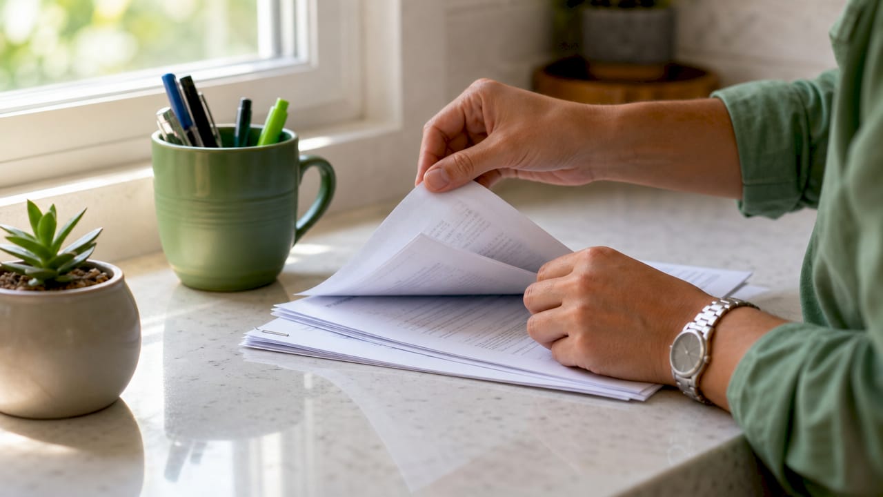 Hands flipping student loan repayment papers on desk