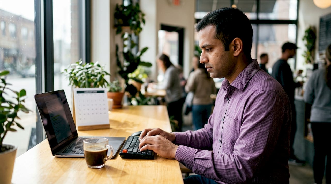 Hands typing on laptop in coworking space