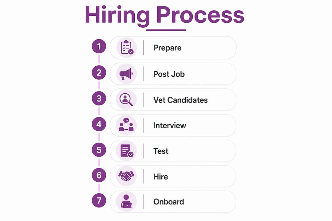 Infographic showing hiring process steps for virtual assistant