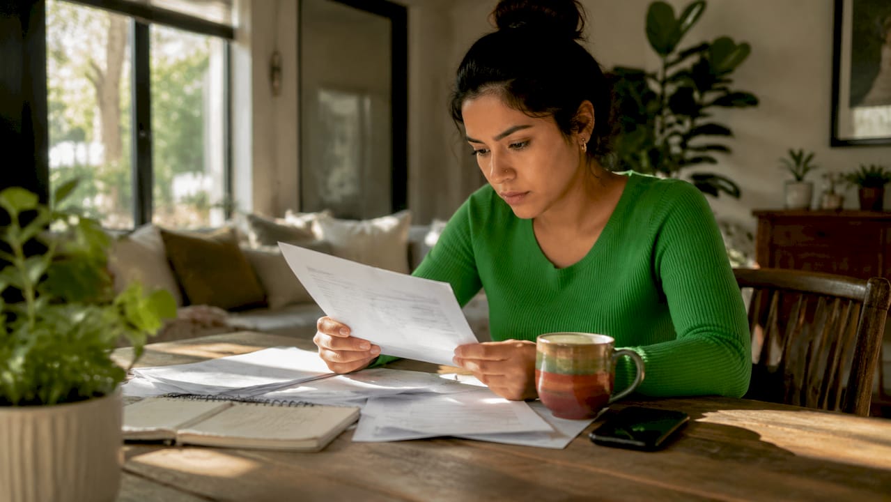Woman reviewing student loan paperwork at kitchen table