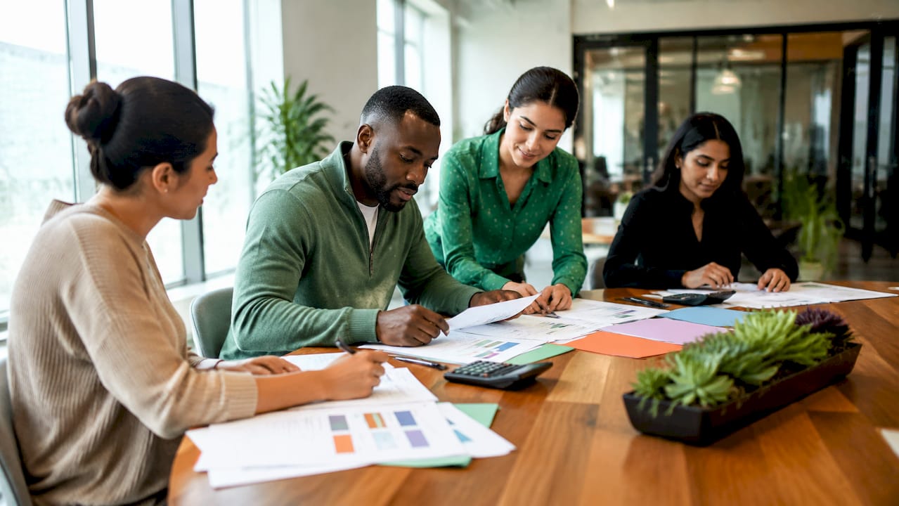 Hands sorting financial documents at office desk