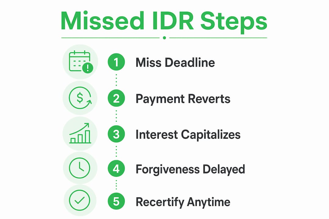 Infographic illustrating steps and consequences of missed IDR recertification