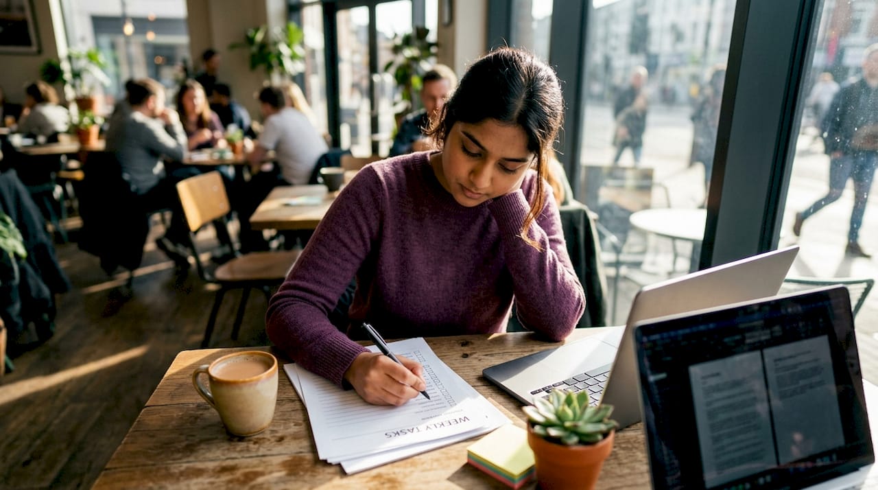 Woman reviewing virtual assistant task checklist