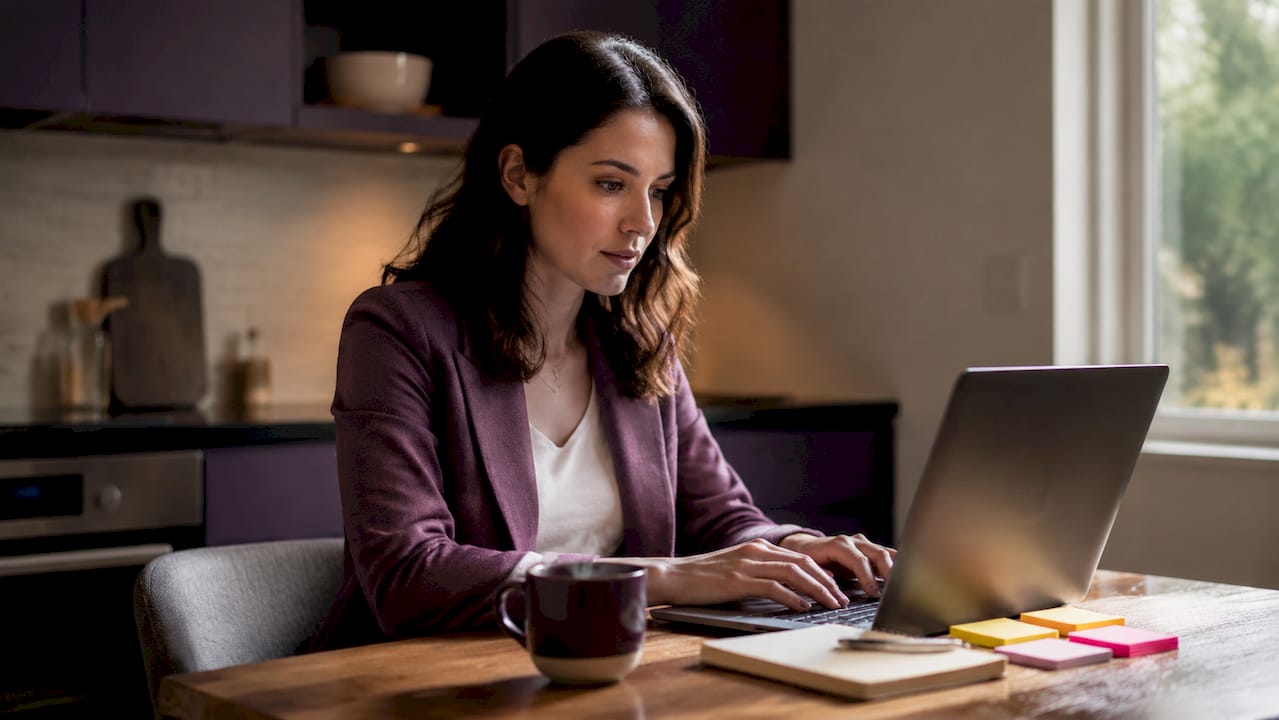 Woman typing on laptop in home office
