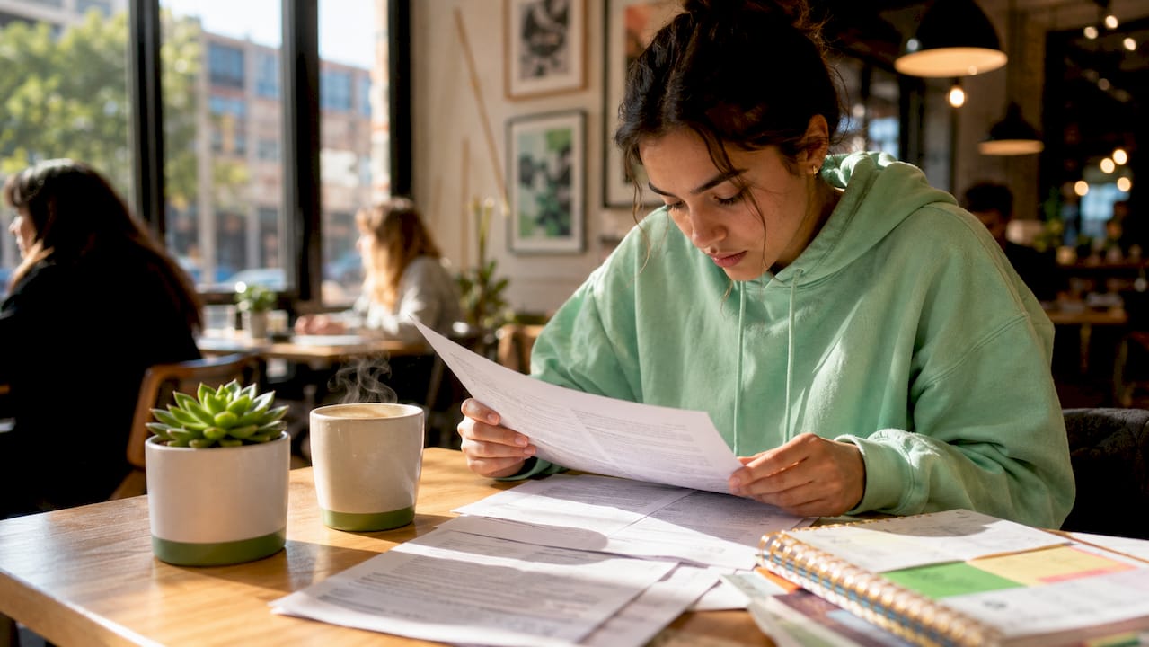 Student reviewing federal loan papers at home