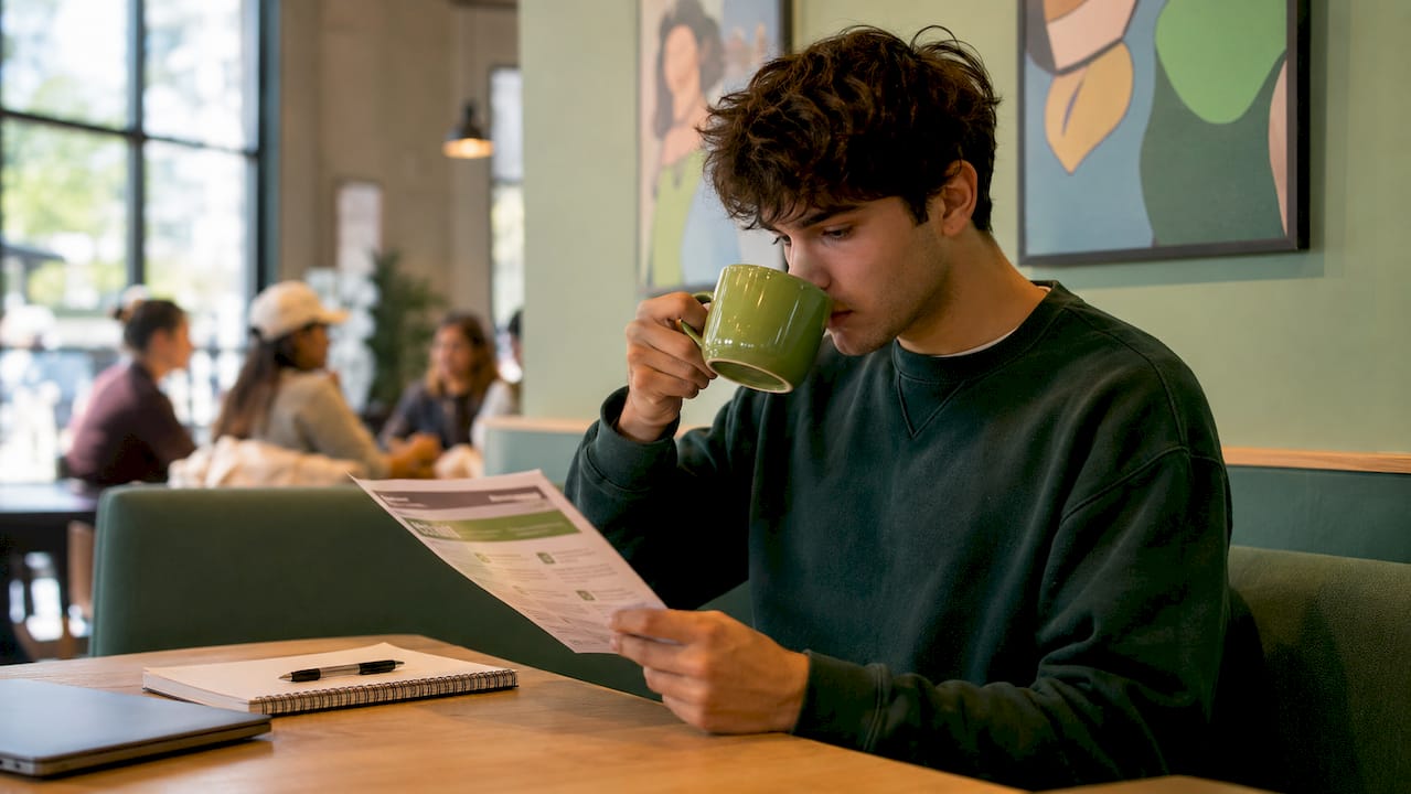 Student reading federal loan brochure in library
