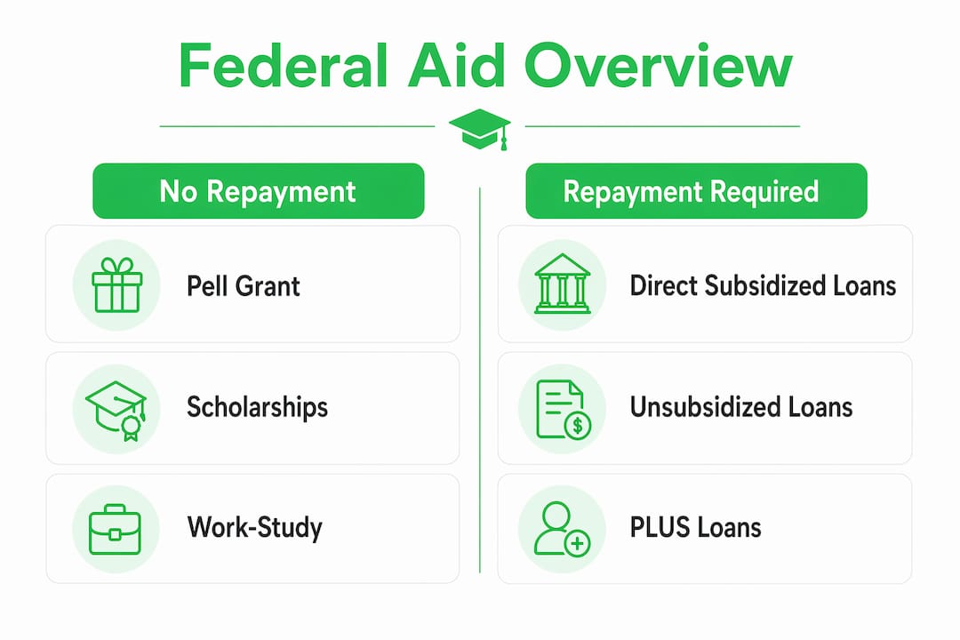 Infographic comparing federal aid requiring repayment versus not