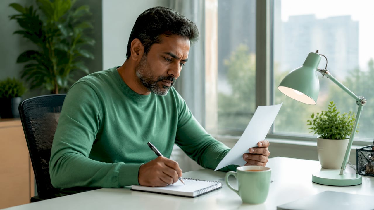 Hands marking student loan document in study