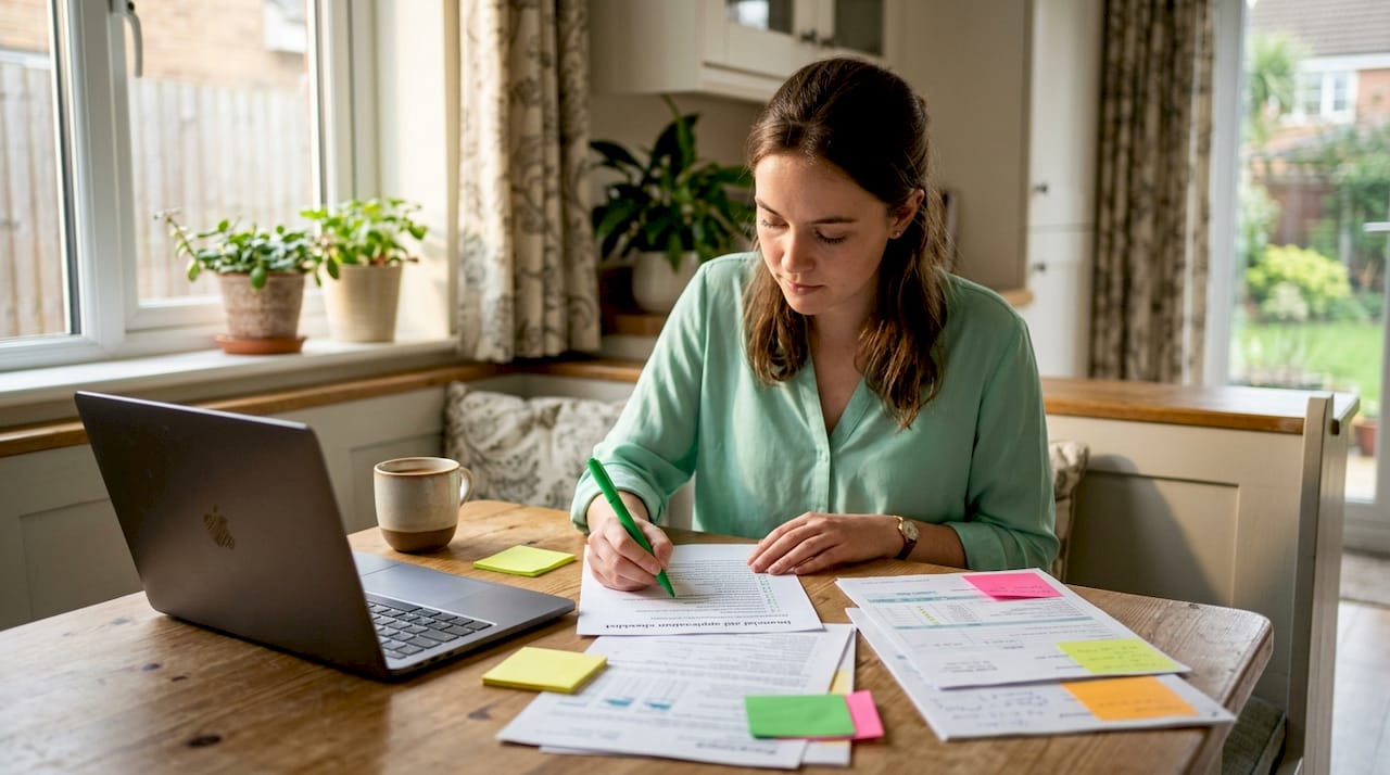 Overhead view of parental financial documents on desk