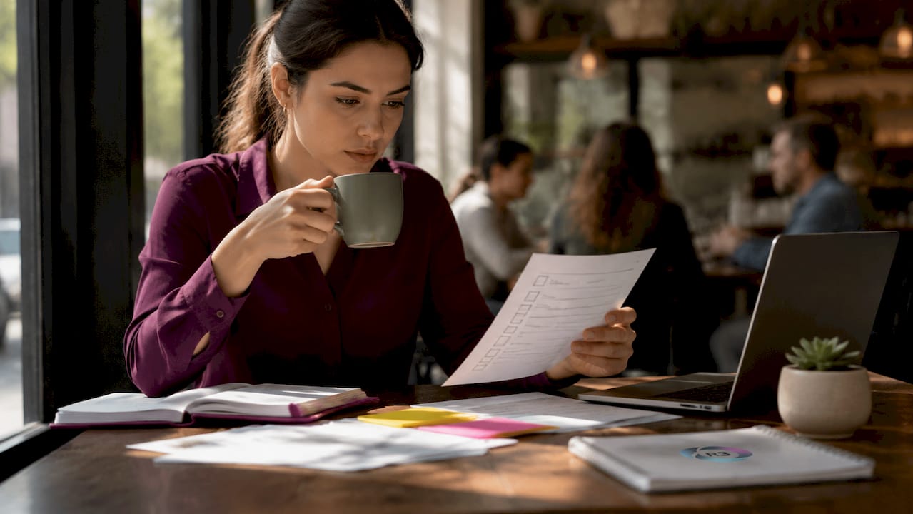 Professional woman reviewing checklist in home office