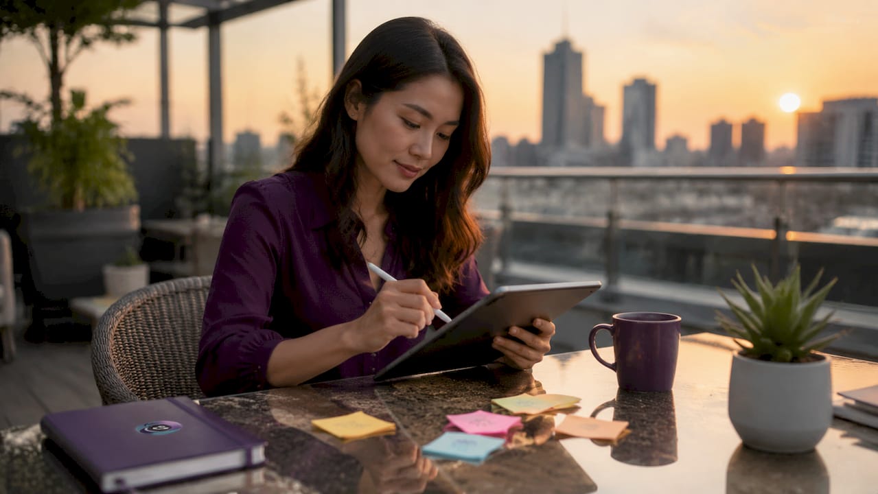 Hands scheduling appointments on a tablet at coworking desk