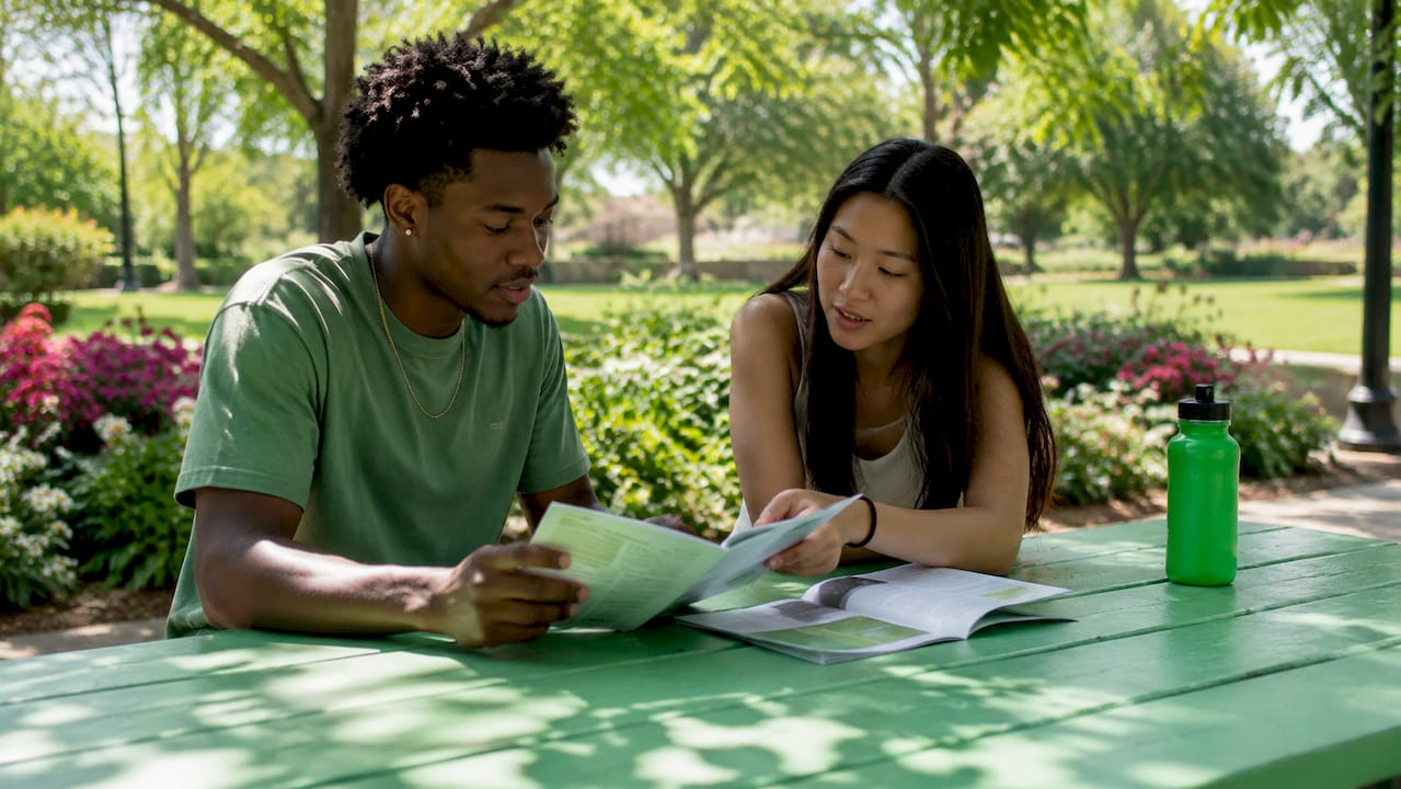 Two students discussing loan types outdoors