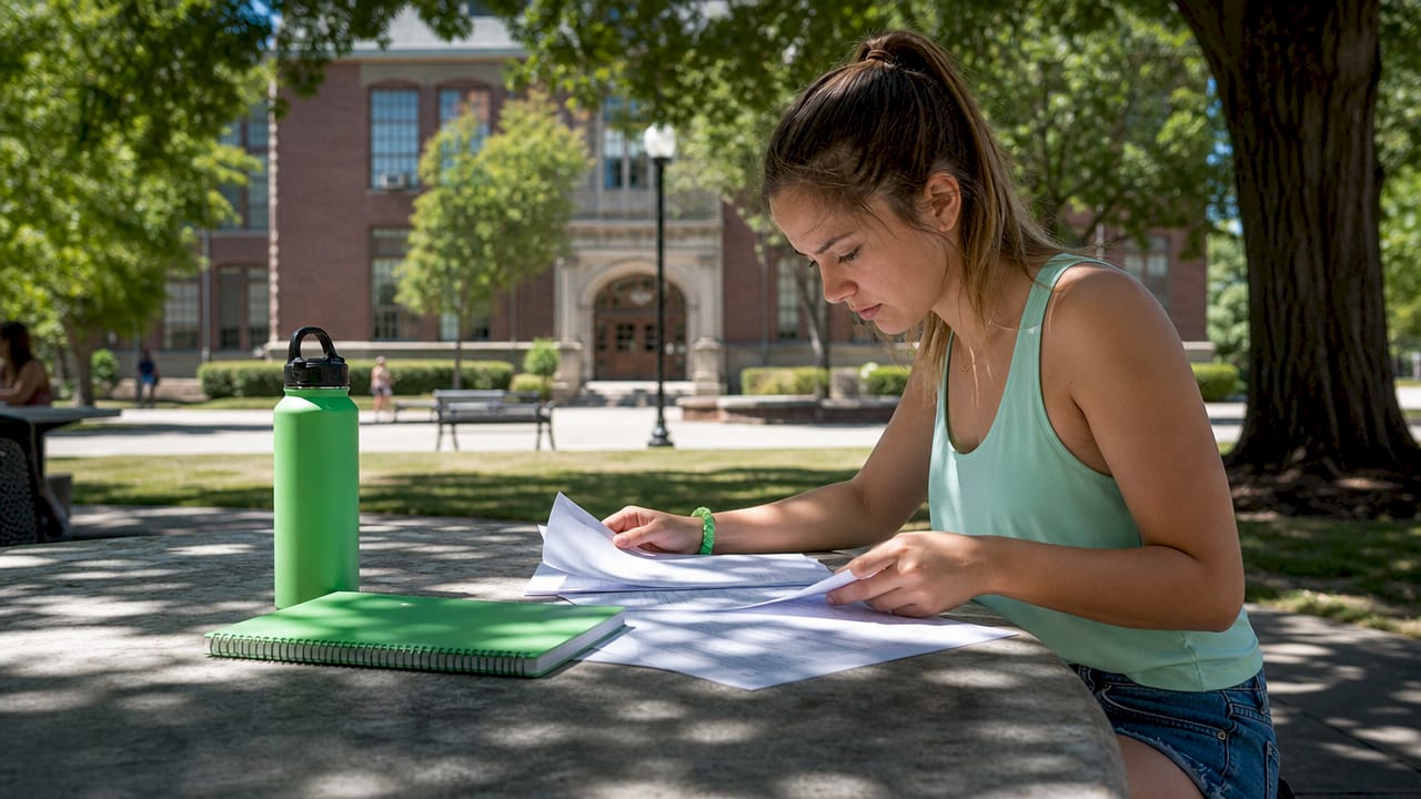 Student reviewing student loan documents in library