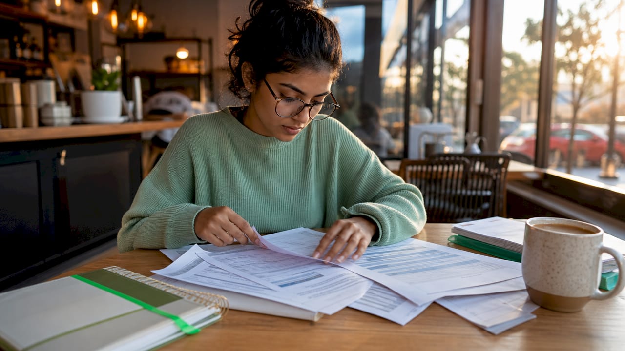Student reviewing loan and tax documents at desk