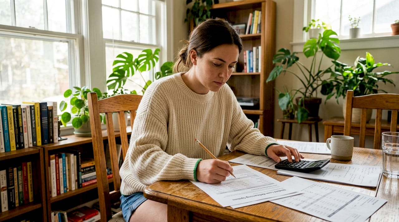 Woman reviewing student loan refinancing at home