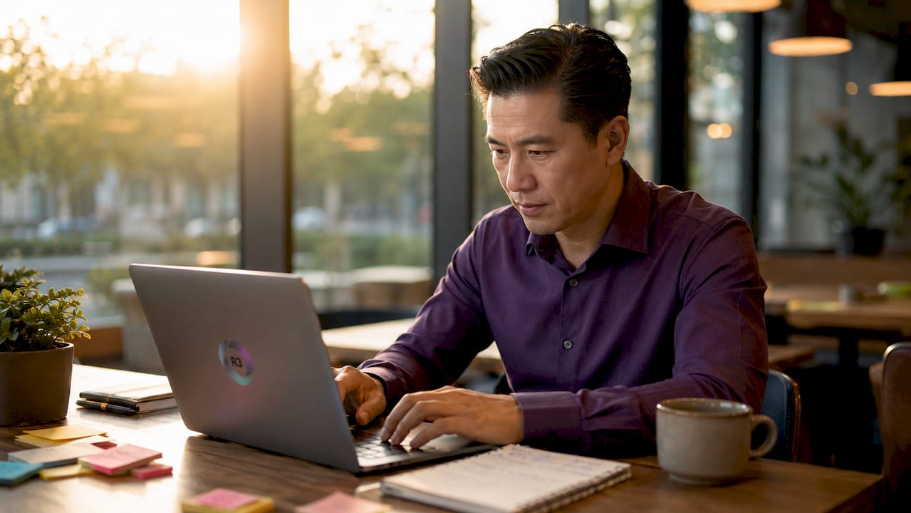 Man scheduling appointments at laptop desk