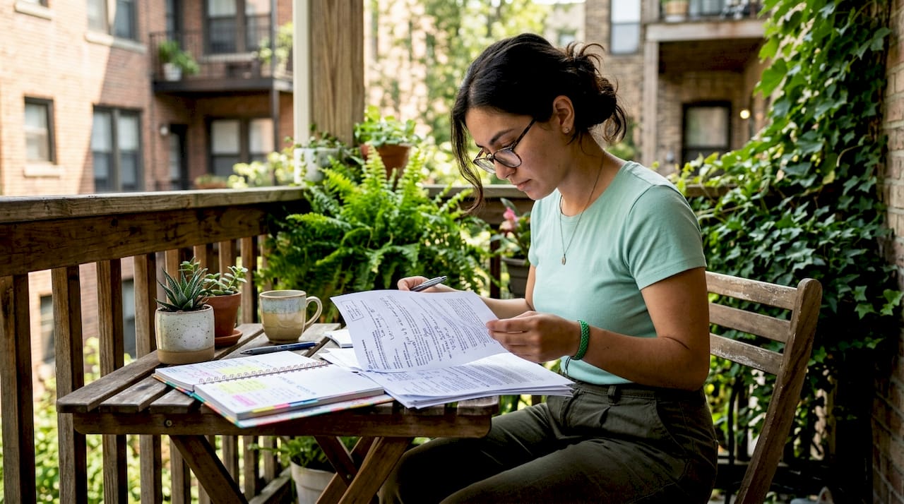 Woman reviewing student loan default papers at table