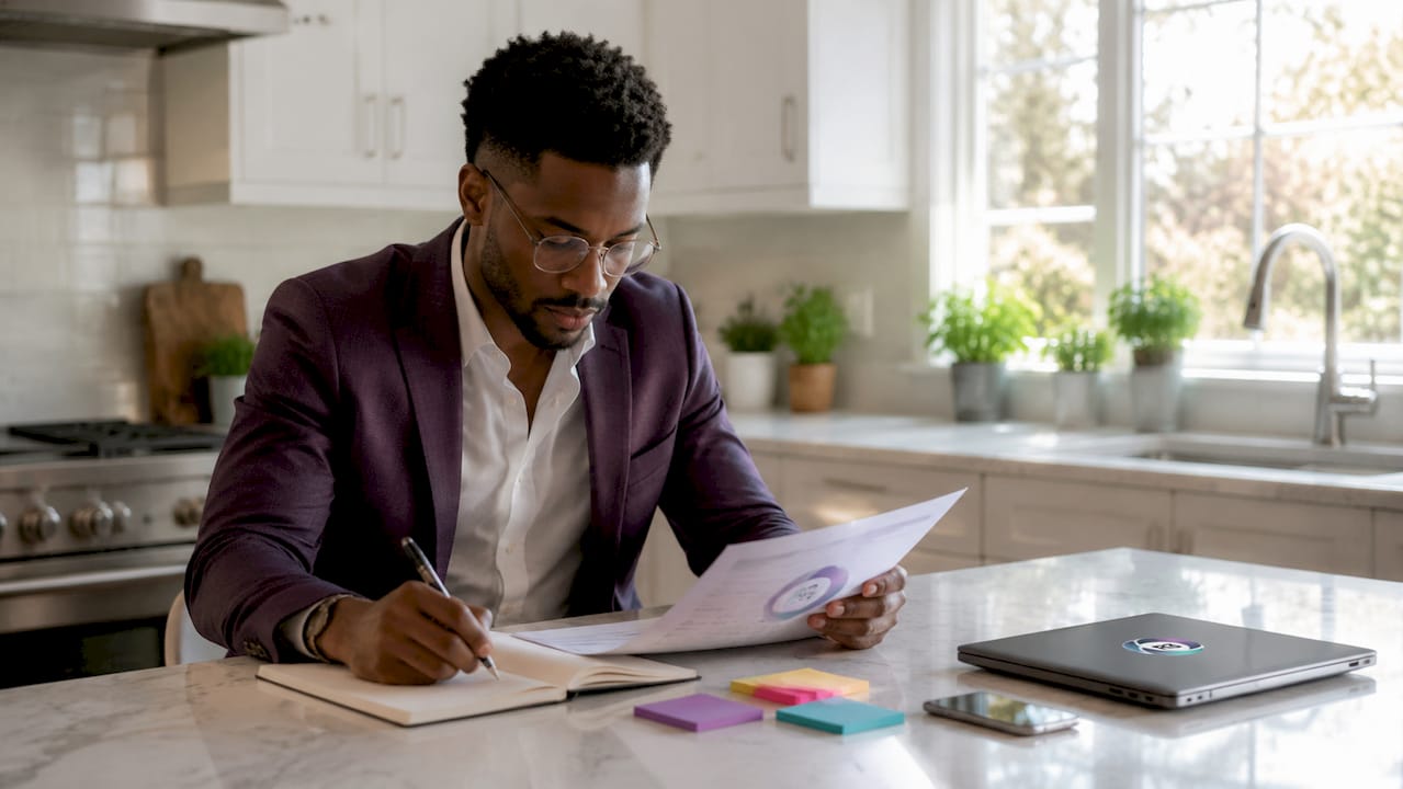 Man analyzing task complexity and rates at coworking table