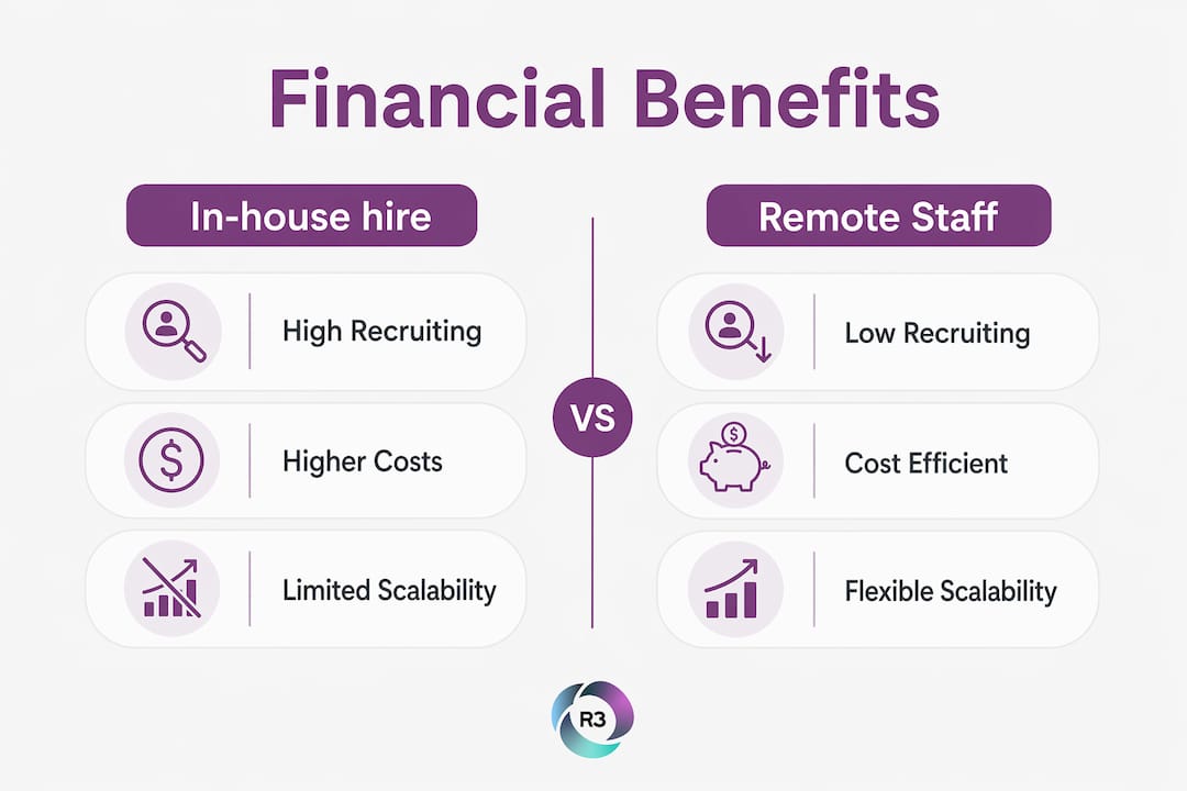 Infographic comparing financial benefits of in-house vs remote support staff