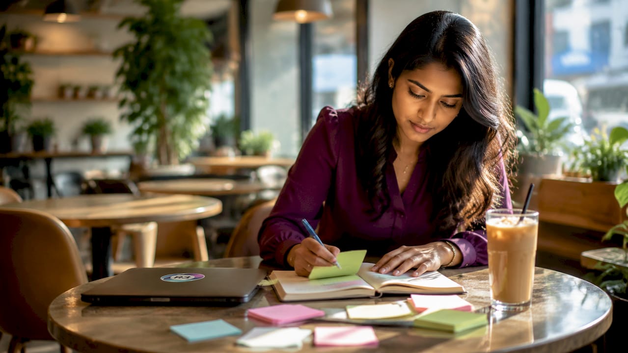 Entrepreneur organizing workflow charts at desk