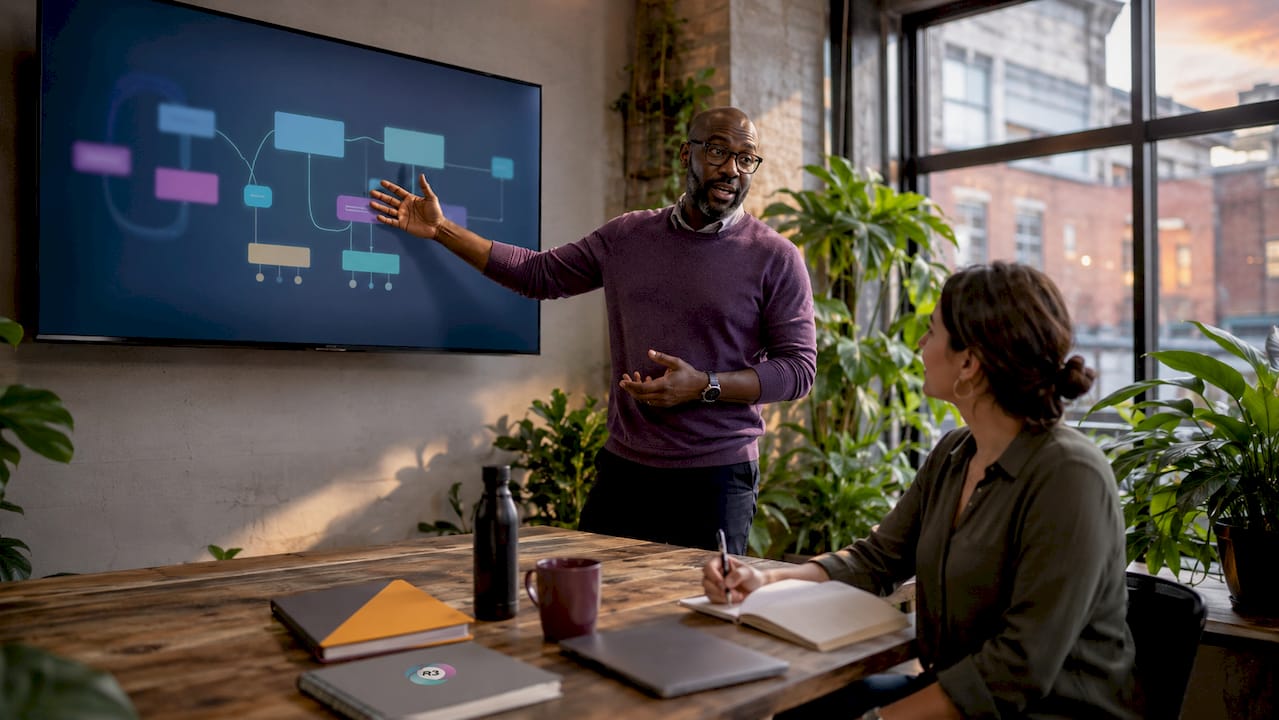 Entrepreneur discussing workflow automation in meeting