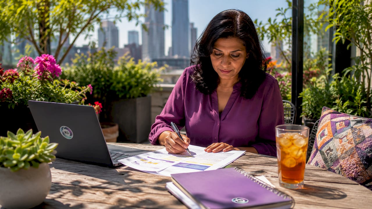 Businesswoman reviewing outsourcing documents in office