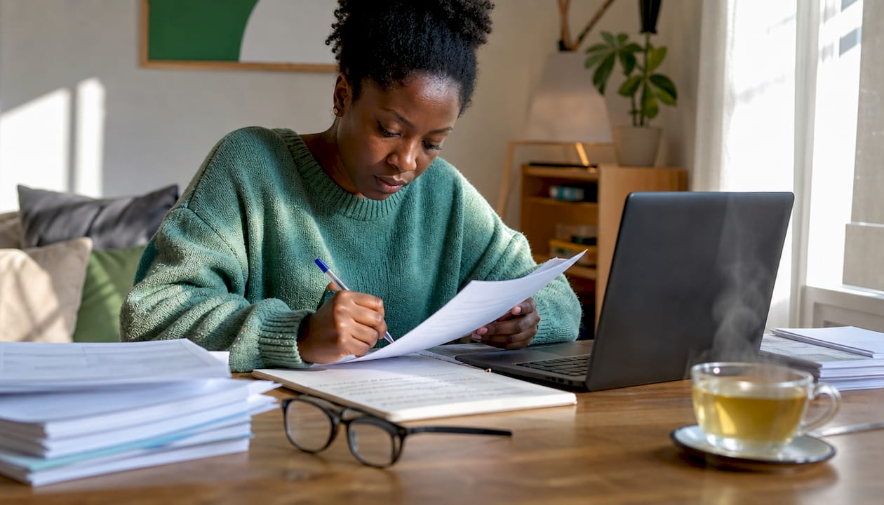 Woman reviewing PSLF loan forgiveness paperwork at home