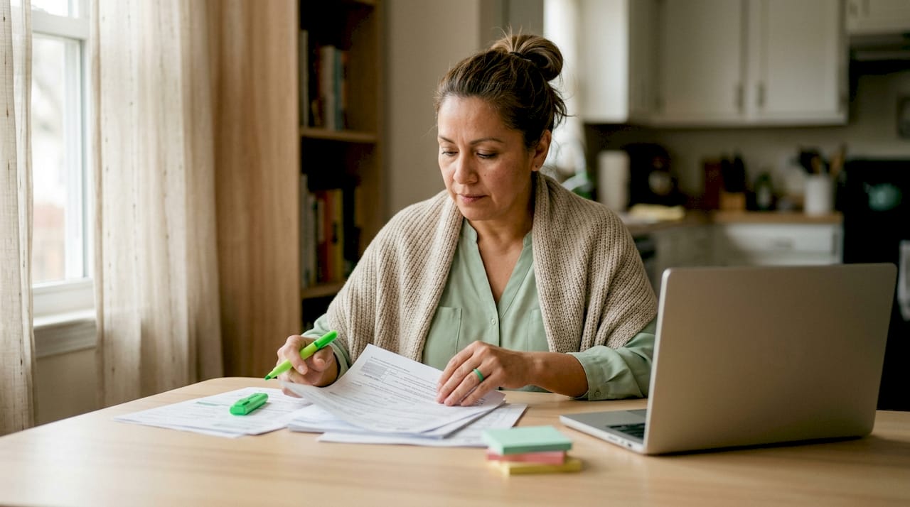 Hands organizing IRS loan forgiveness tax documents on desk