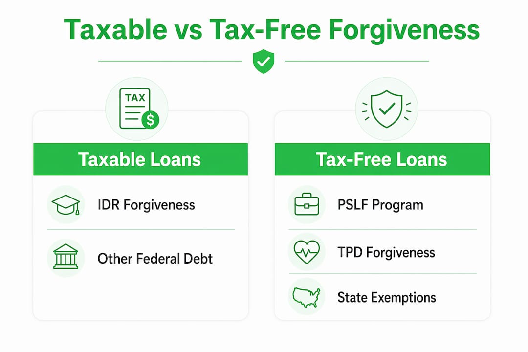 Infographic comparing taxable and tax-free loan forgiveness programs