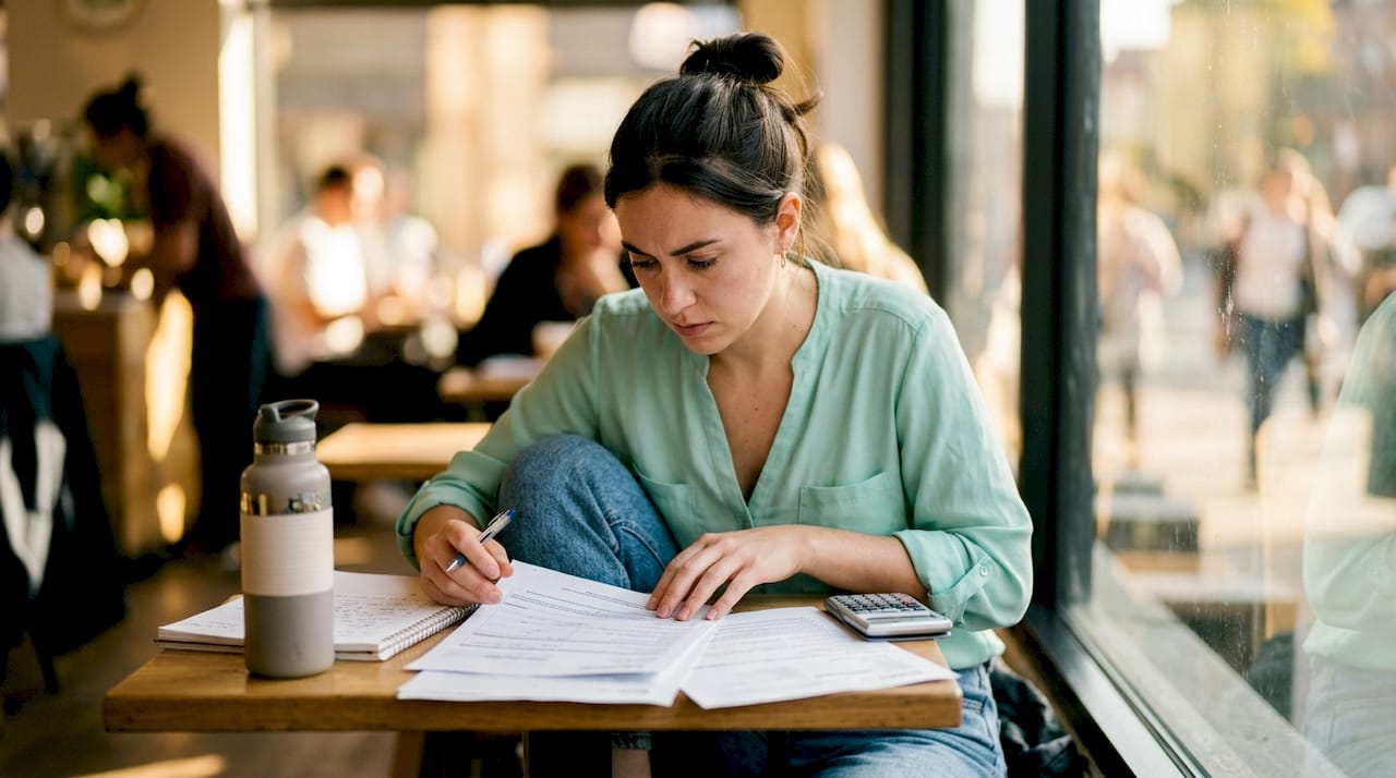 Woman reviewing student loan documents at table