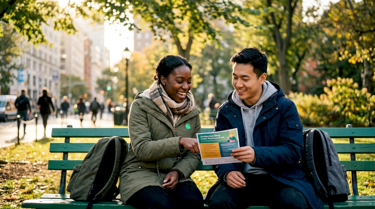 Two borrowers discussing student loan forbearance outdoors