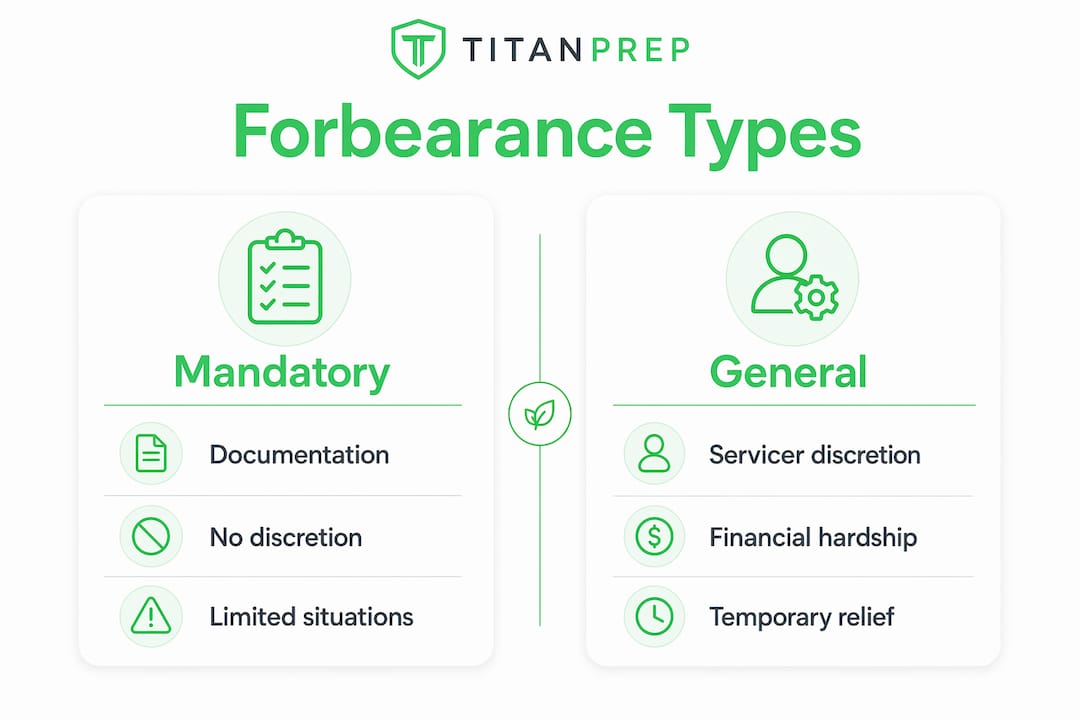 Infographic comparing mandatory and general student loan forbearance types