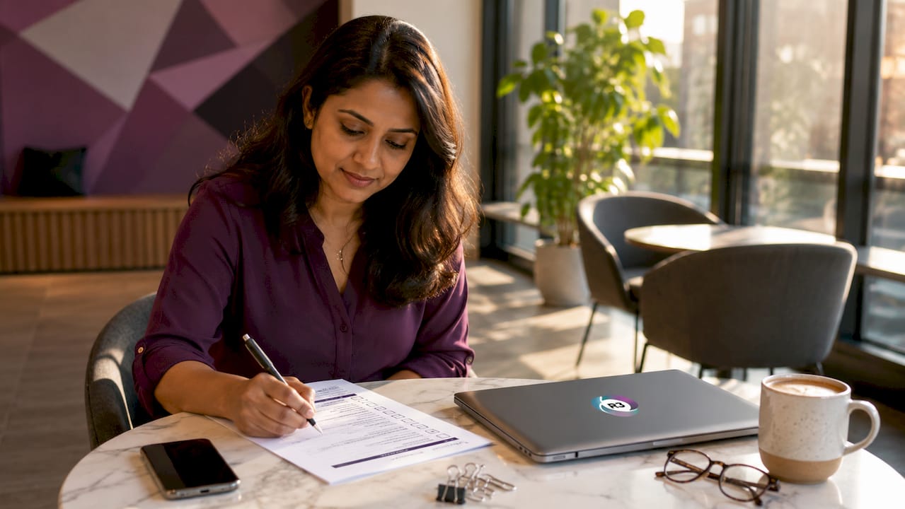 Woman reviewing business outsourcing checklist at desk